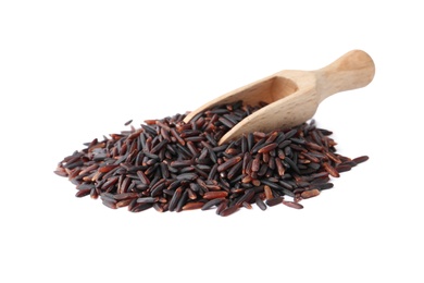 Photo of Scoop and uncooked black rice on white background