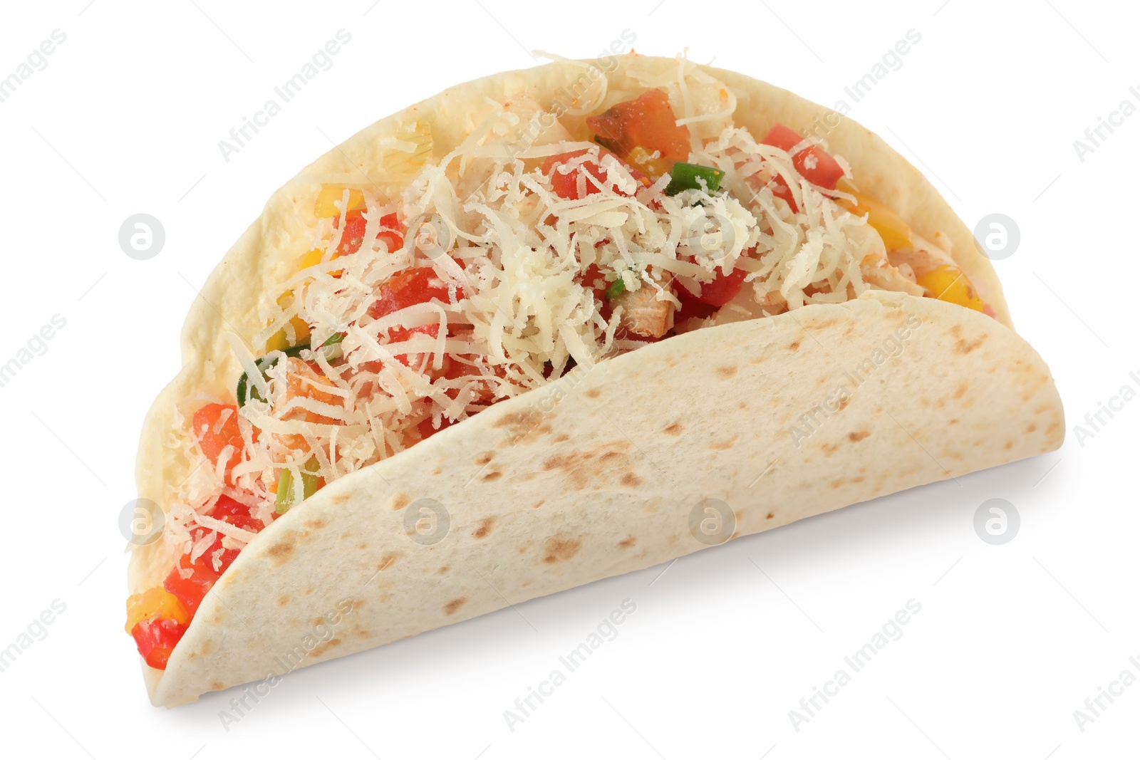 Photo of Delicious taco with vegetables and cheese isolated on white