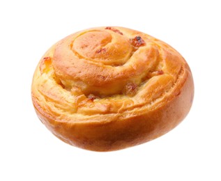 One delicious roll with raisins isolated on white. Sweet bun