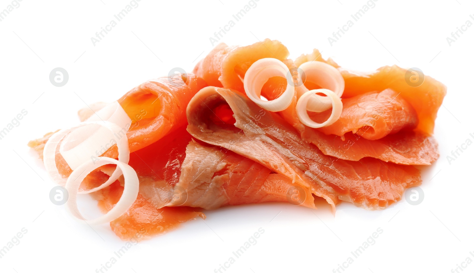 Photo of Fresh sliced salmon fillet with onion on white background