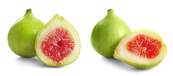 Set of cut and whole green figs on white background. Banner design