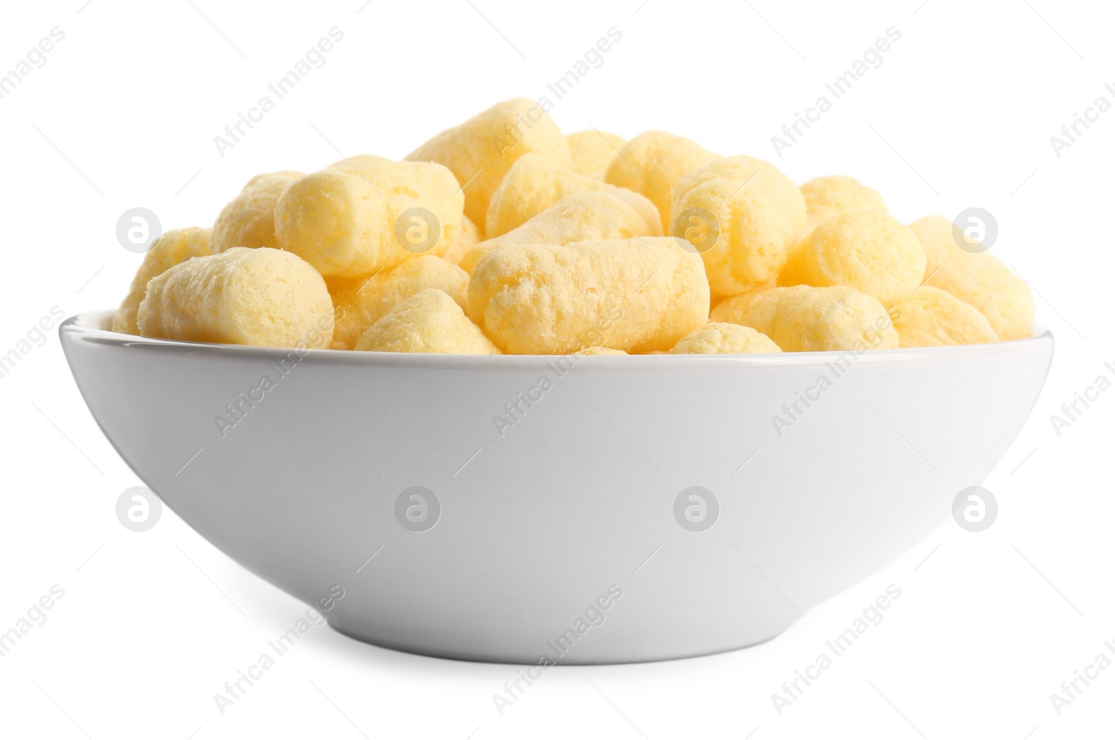 Photo of Bowl with tasty corn puffs on white background