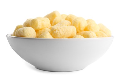 Photo of Bowl with tasty corn puffs on white background