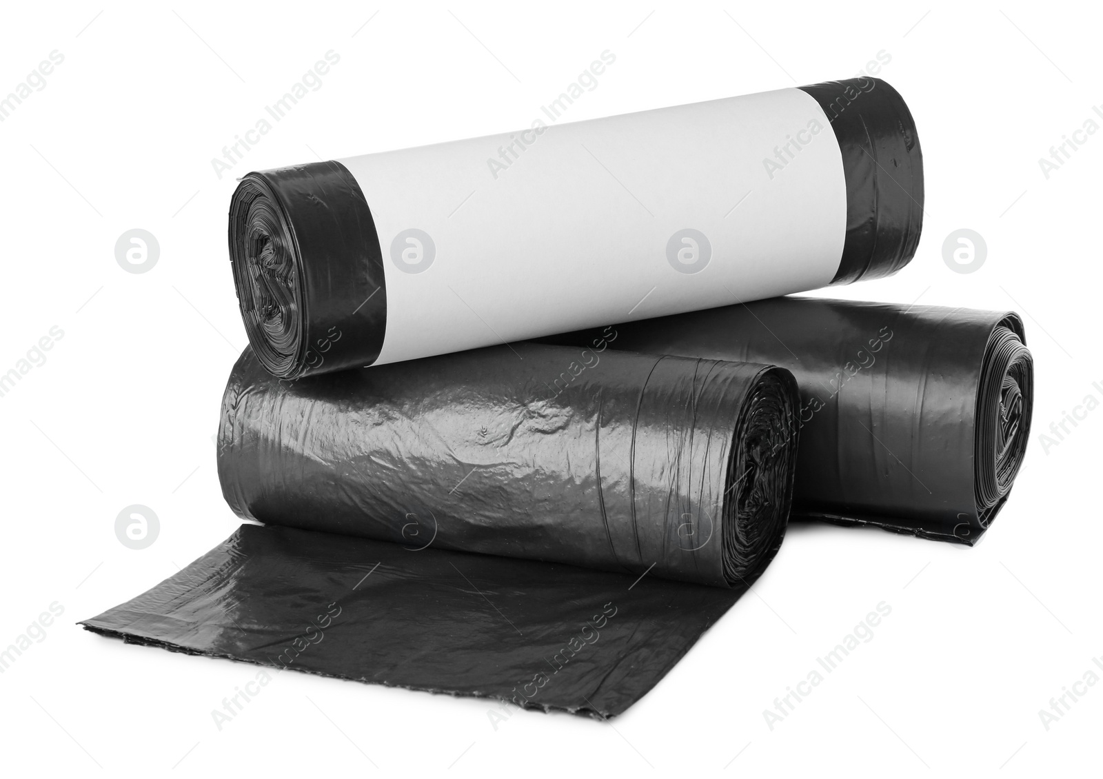 Photo of Rolls of black garbage bags isolated on white