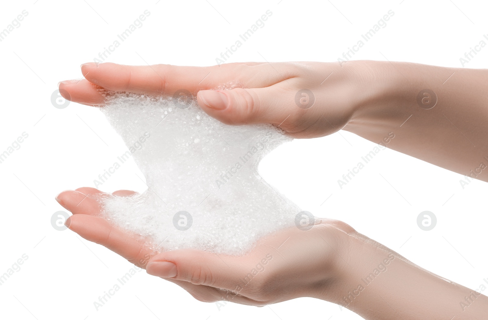 Photo of Woman with bath foam on white background, closeup