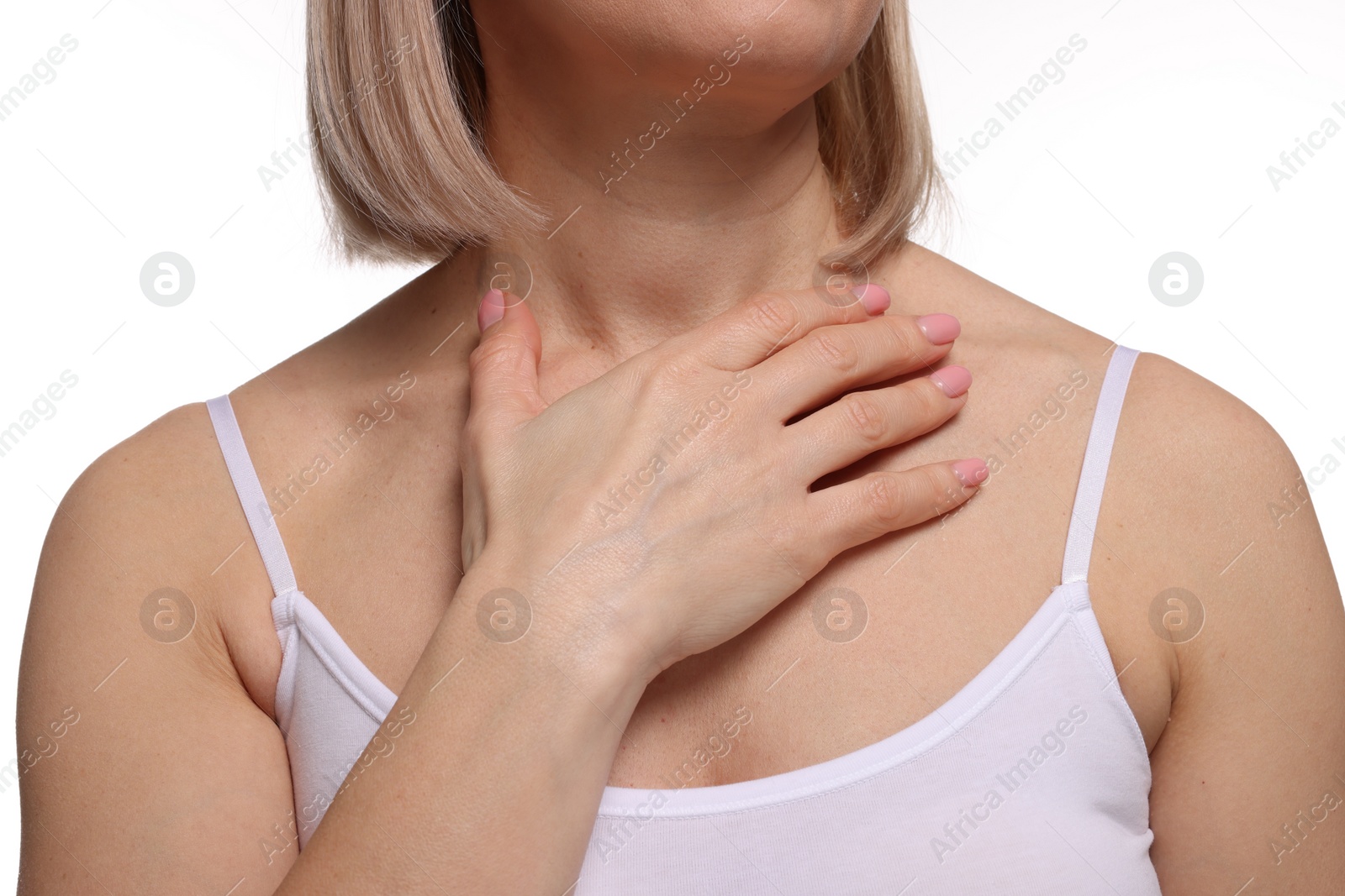 Photo of Woman touching her neck on white background, closeup