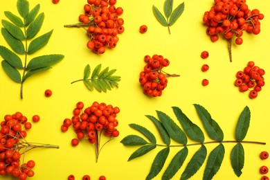 Photo of Fresh ripe rowan berries and green leaves on yellow background, flat lay