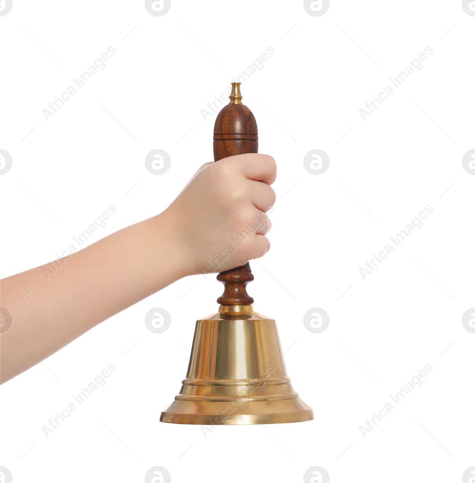 Photo of Pupil with school bell on white background, closeup