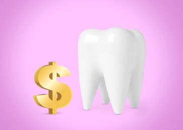 Image of Model of tooth and golden dollar sign on pink background. Concept of expensive dental procedures