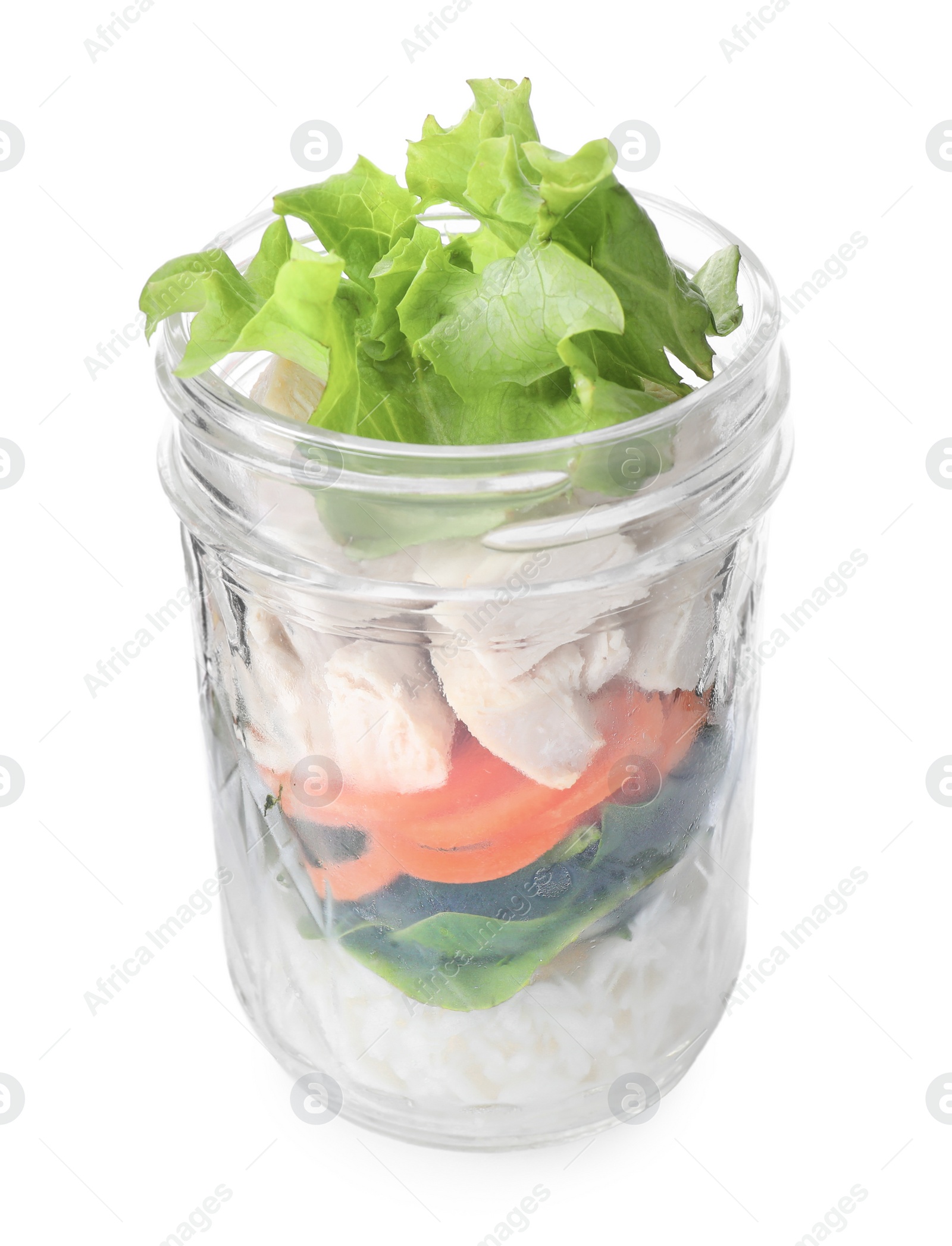 Photo of Healthy salad in glass jar isolated on white