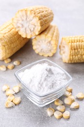 Photo of Bowl with corn starch and kernels on light grey table