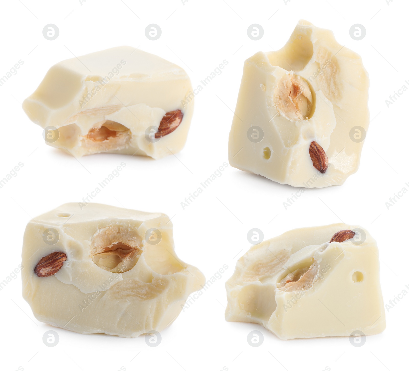 Image of Set with delicious chocolate chunks on white background