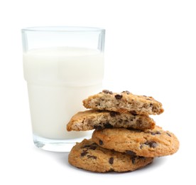 Photo of Delicious chocolate chip cookies and glass of milk isolated on white