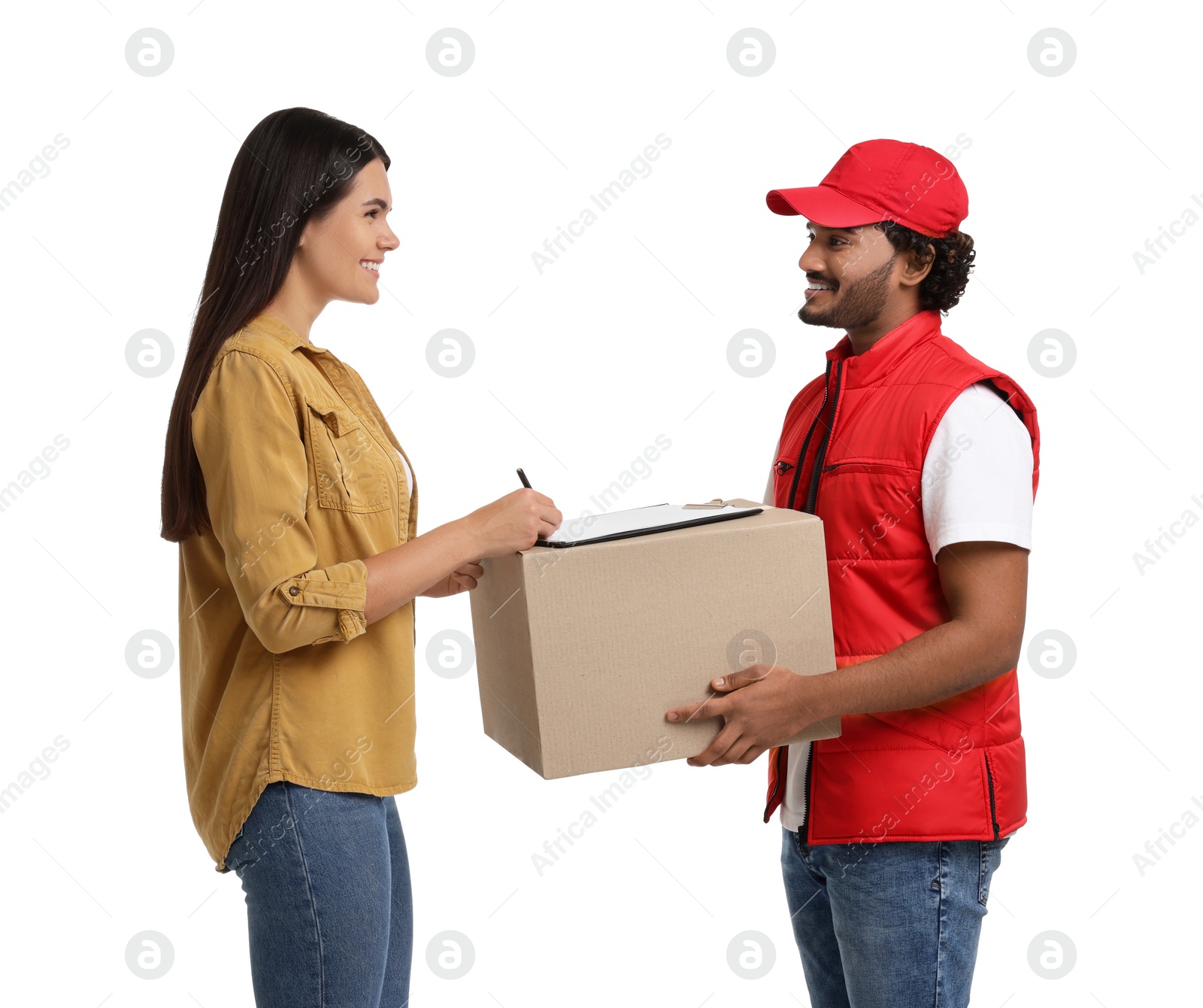 Photo of Smiling woman signing order receipt on white background. Courier delivery