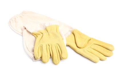 Photo of Protective gloves on white background. Safety equipment