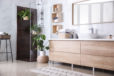 Bathroom interior with shower stall, counter and houseplants. Idea for design