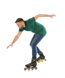 Young man with inline roller skates on white background