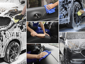 Image of Collage of people cleaning automobiles at car wash, closeup