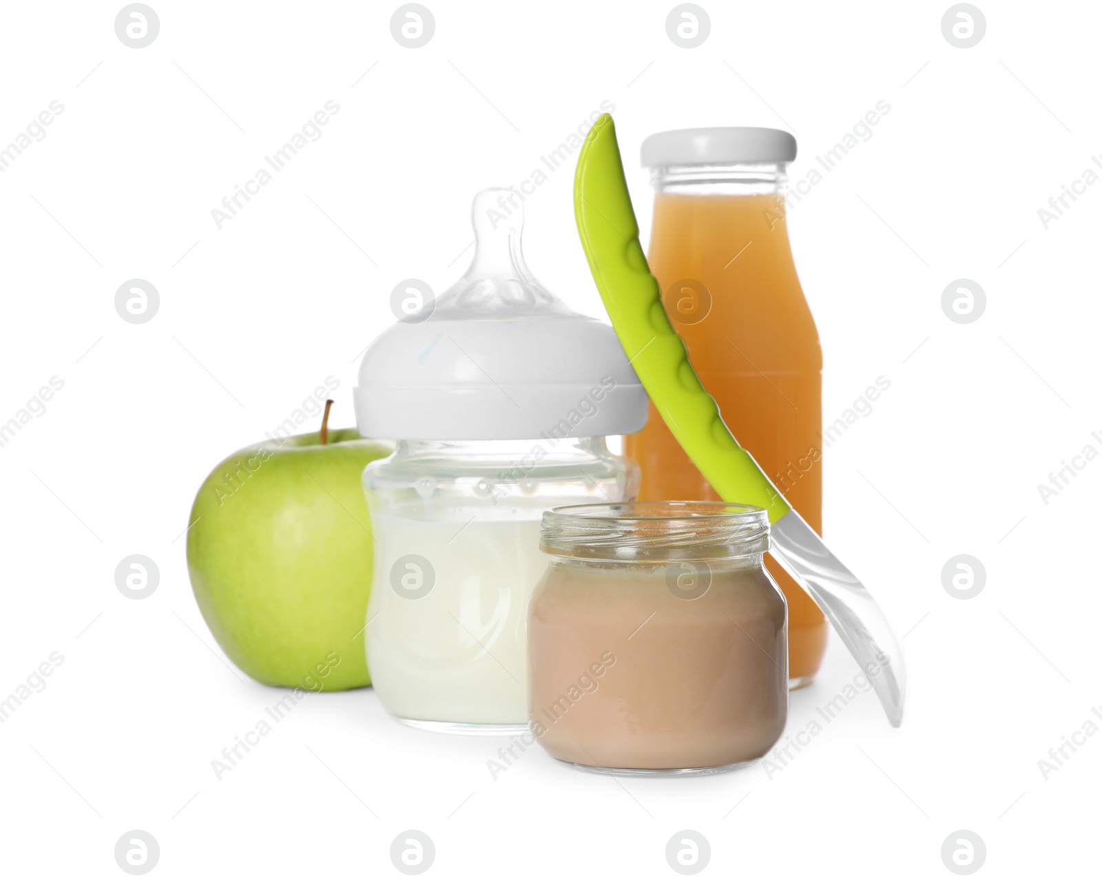 Photo of Healthy baby food, juice and milk isolated on white