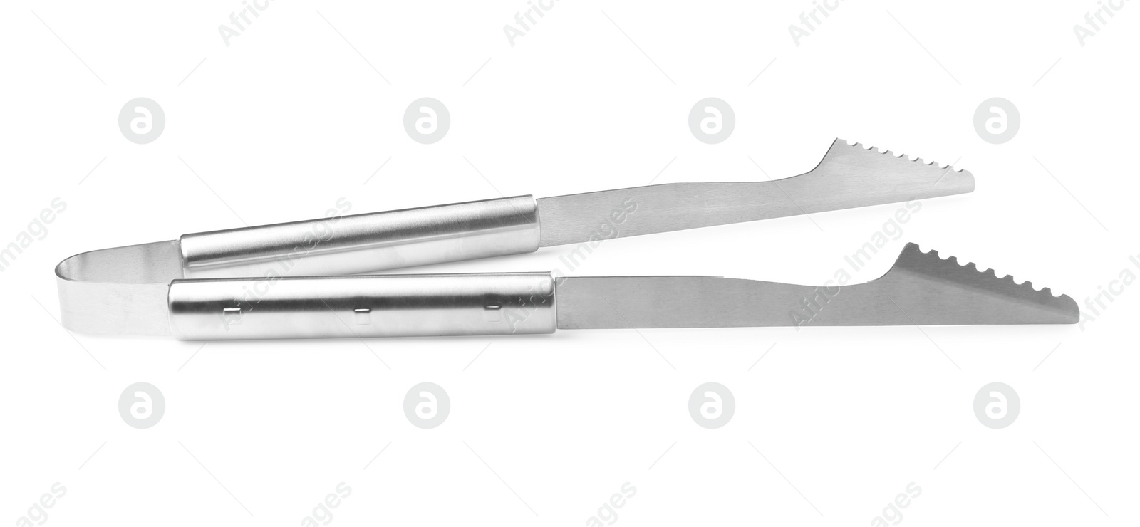 Photo of New metal barbecue tongs on white background