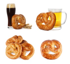 Image of Set with tasty freshly baked pretzels and beer on white background