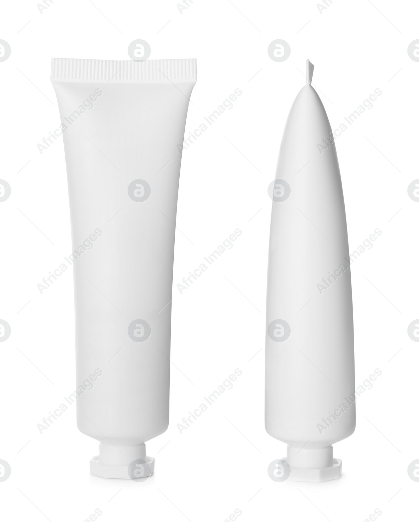Image of Blank tubes of cosmetic products on white background, collage. Mockup for design