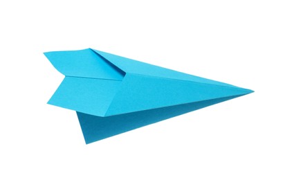 Photo of Handmade light blue paper plane isolated on white