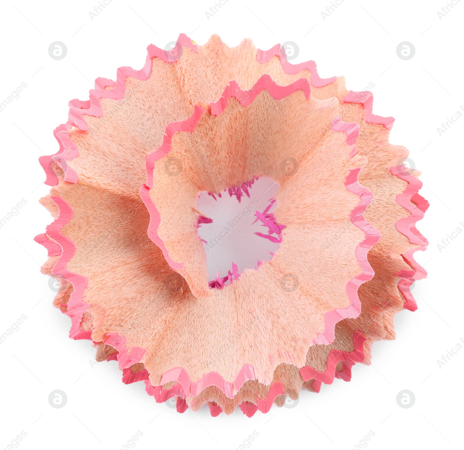 Photo of One colorful pencil shaving isolated on white, top view