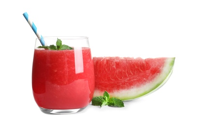 Photo of Tasty summer watermelon drink in glass and slice of fresh fruit on white background