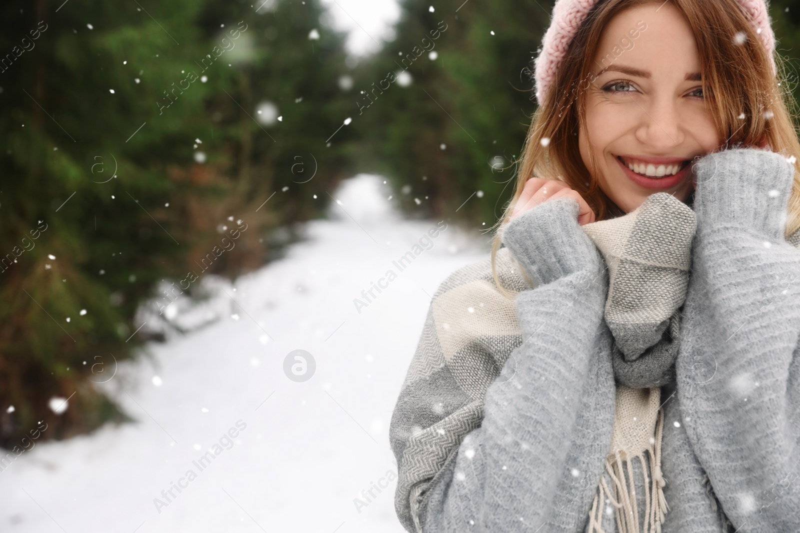 Photo of Young woman in snowy conifer forest, space for text. Winter vacation