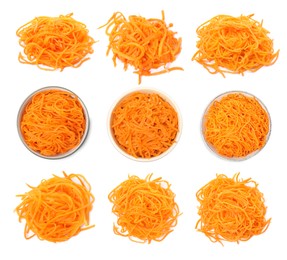 Image of Set with tasty Korean carrot salad on white background, top view