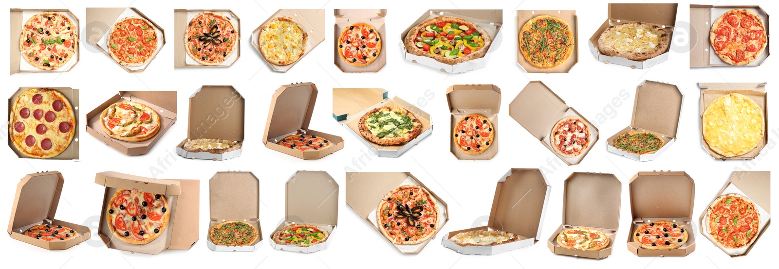 Image of Set with different delicious hot pizzas in cardboard boxes on white background, banner design. Food delivery