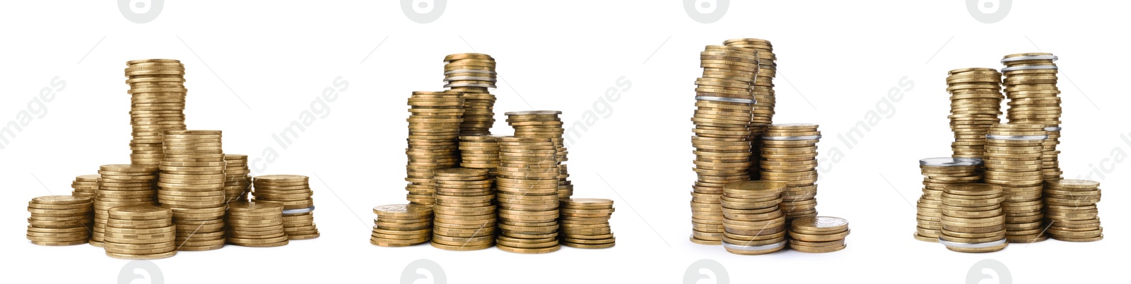 Image of Set with different stacked coins on white background. Banner design. Banner design