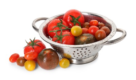 Photo of Metal colander with fresh tomatoes isolated on white