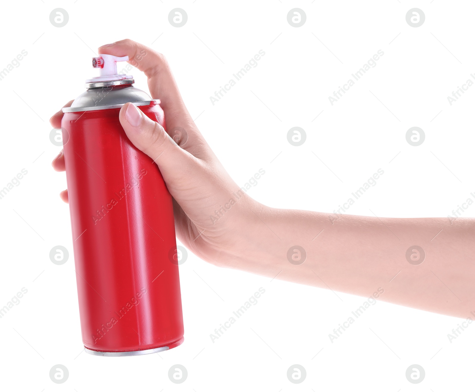 Photo of Man with can of spray paint on white background, closeup