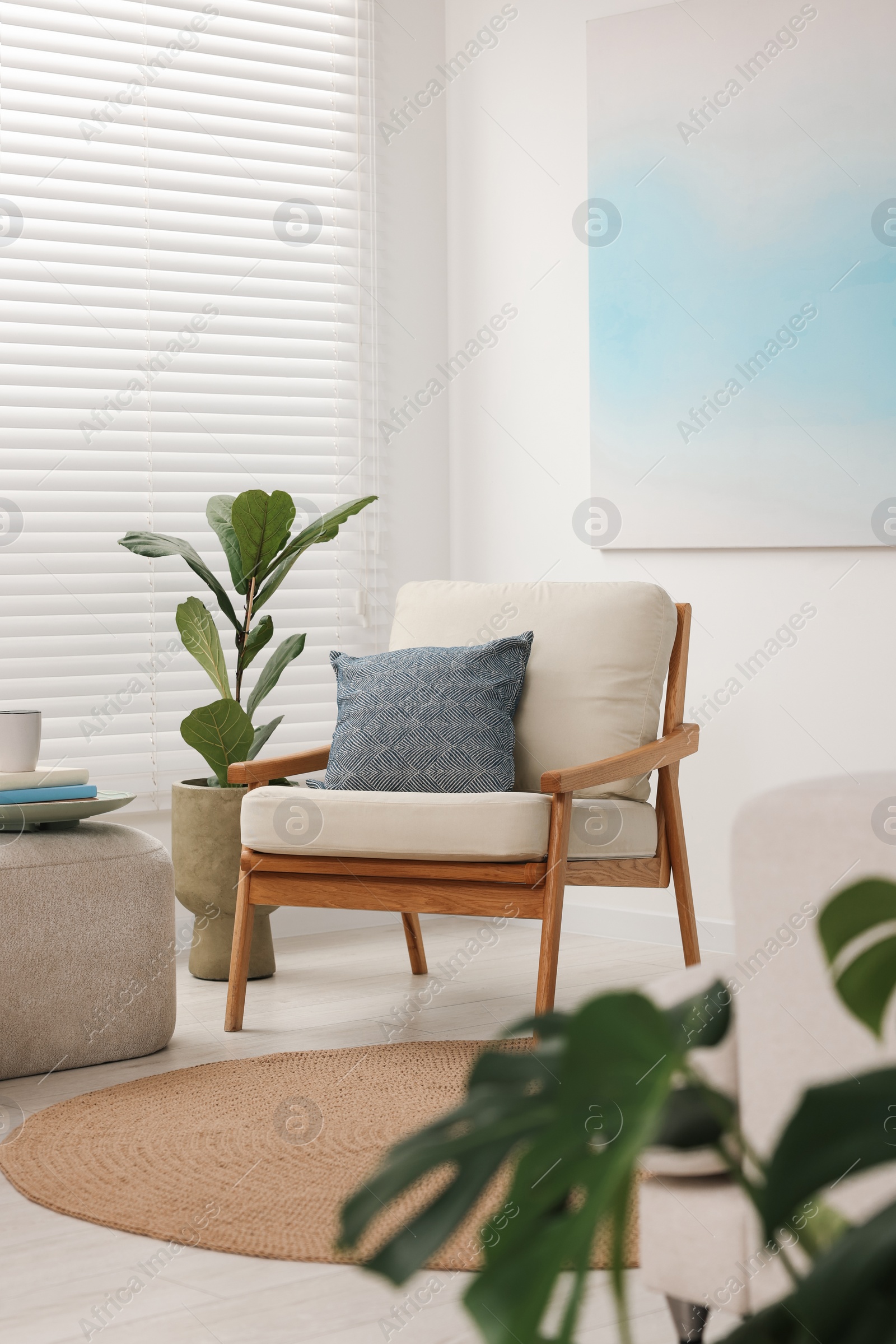 Photo of Comfortable beige armchair and houseplant in living room. Interior design