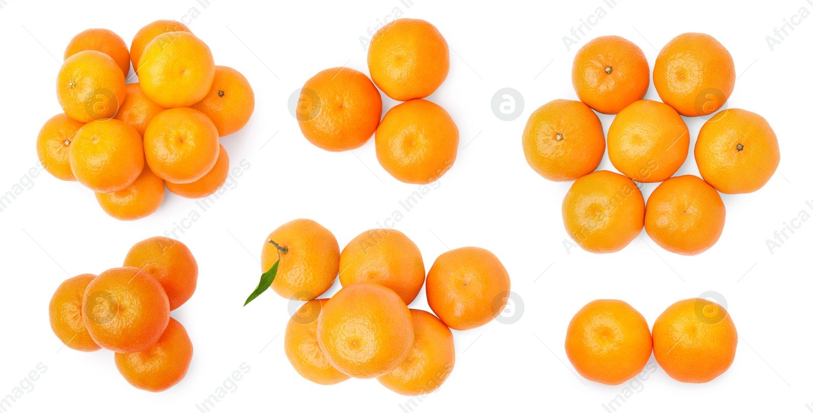 Image of Set with fresh ripe tangerines on white background, top view