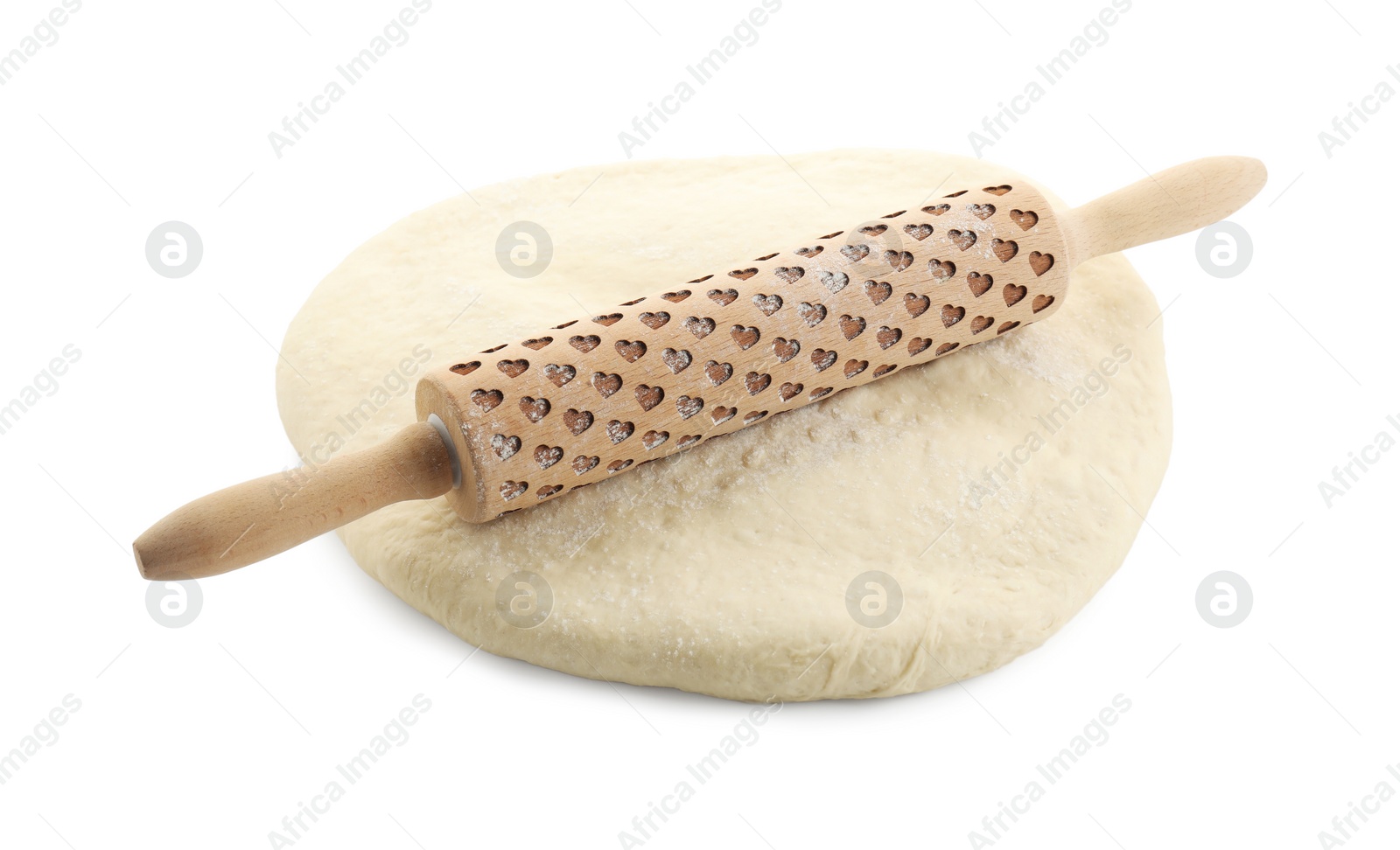 Photo of Raw dough and rolling pin isolated on white