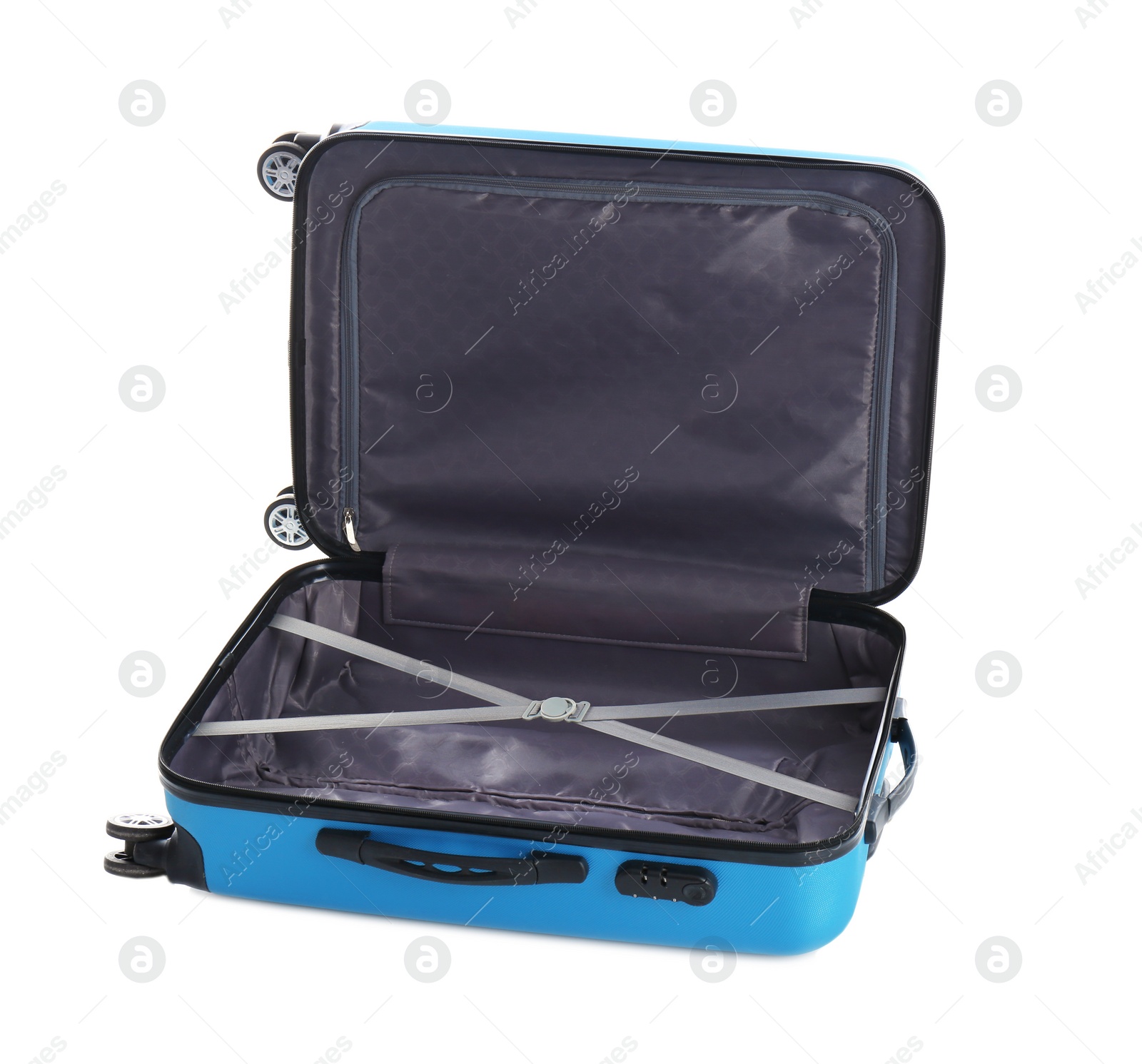 Photo of Open suitcase for travelling on white background