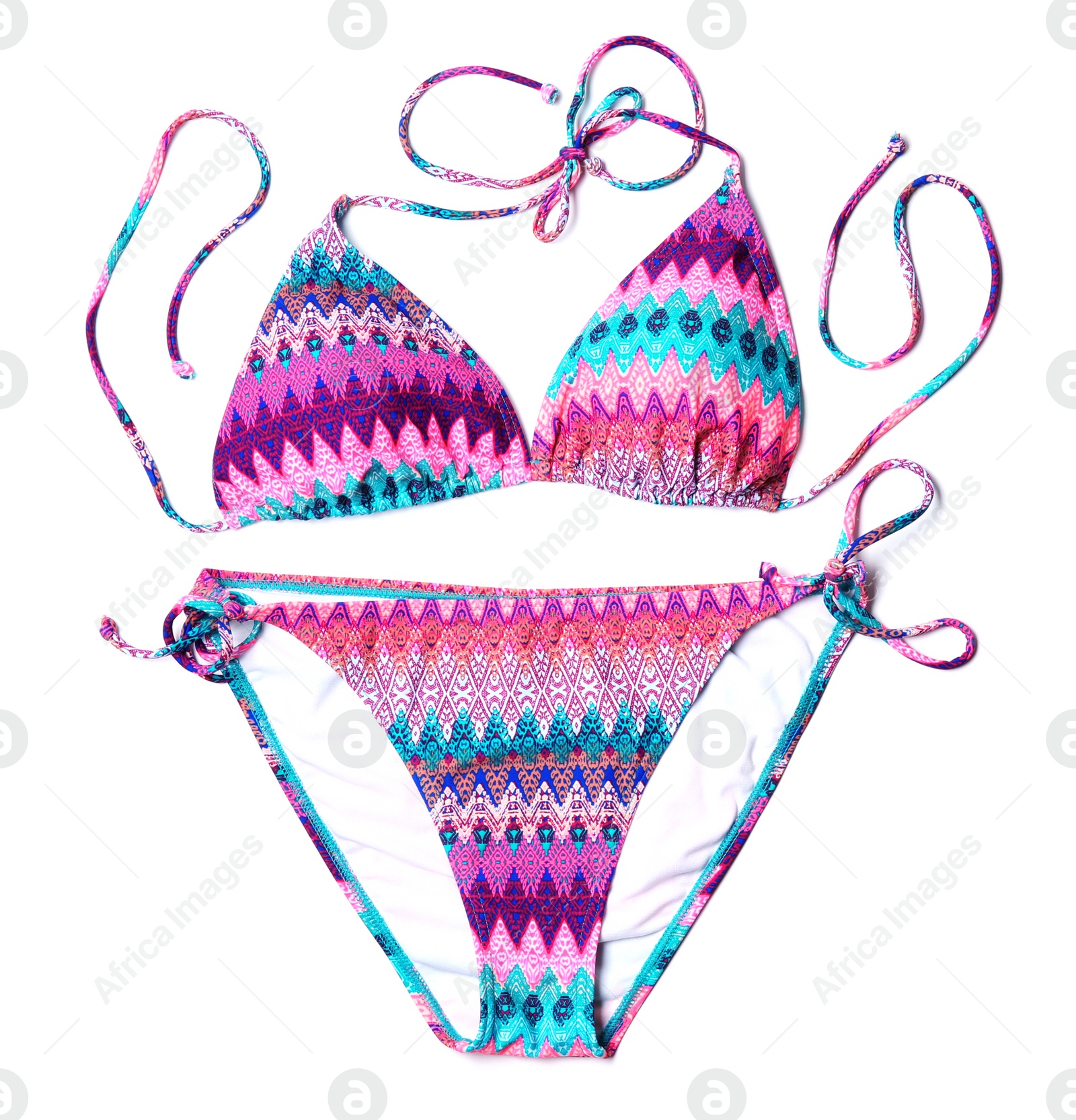 Photo of Colorful stylish bikini on white background, top view