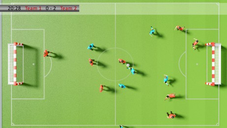 Sports video game, illustration. Football players on field, top view