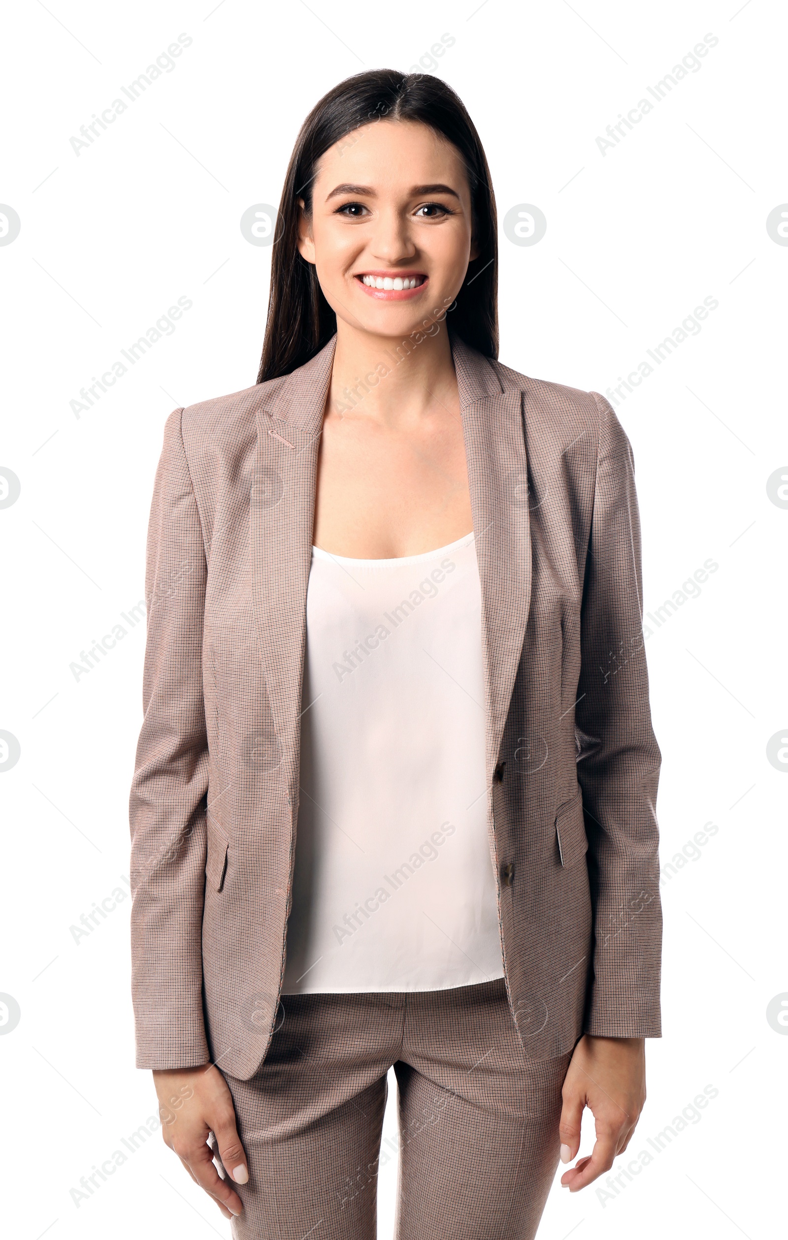 Photo of Portrait of happy businesswoman posing on white background
