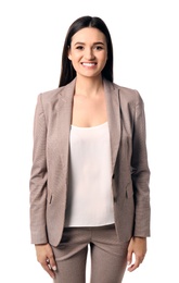 Portrait of happy businesswoman posing on white background