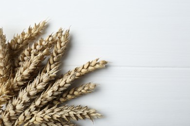 Photo of Dried ears of wheat on white wooden table, closeup. Space for text