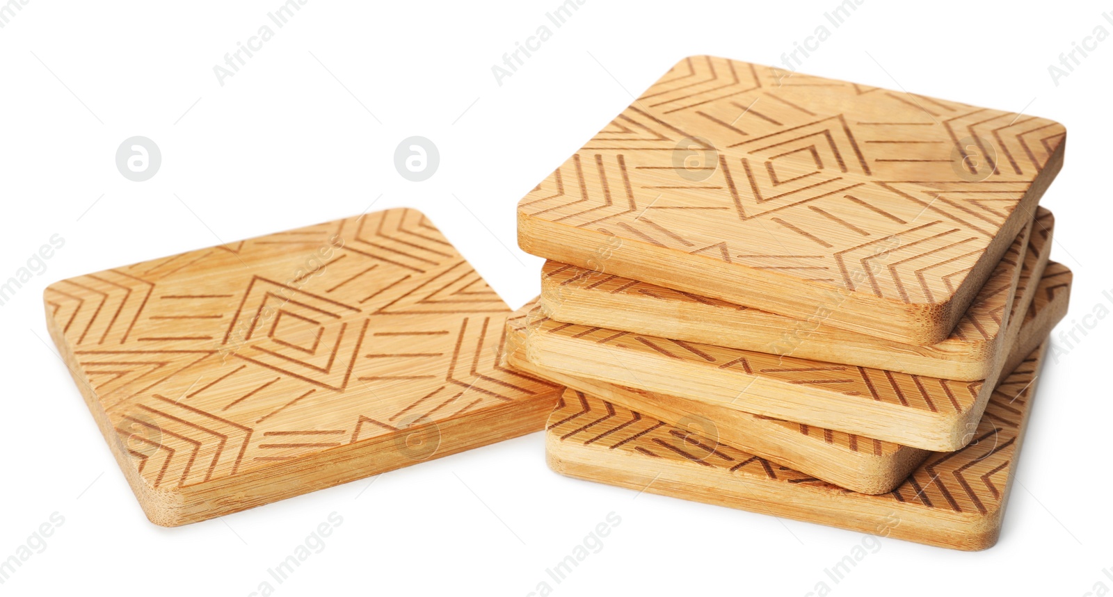 Photo of Stylish wooden cup coasters on white background