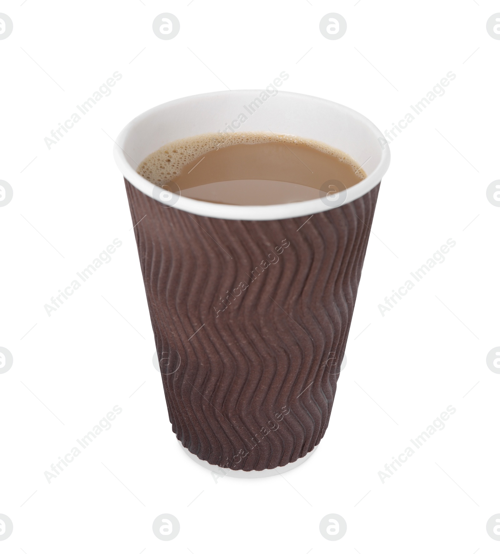 Photo of Brown paper cup with hot drink isolated on white. Coffee to go