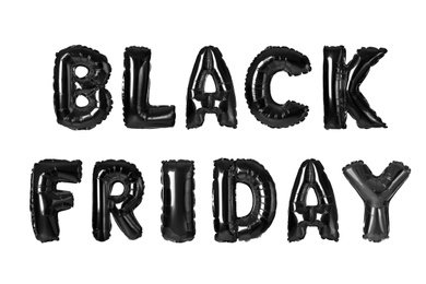 Text BLACK FRIDAY made of foil balloons on white background