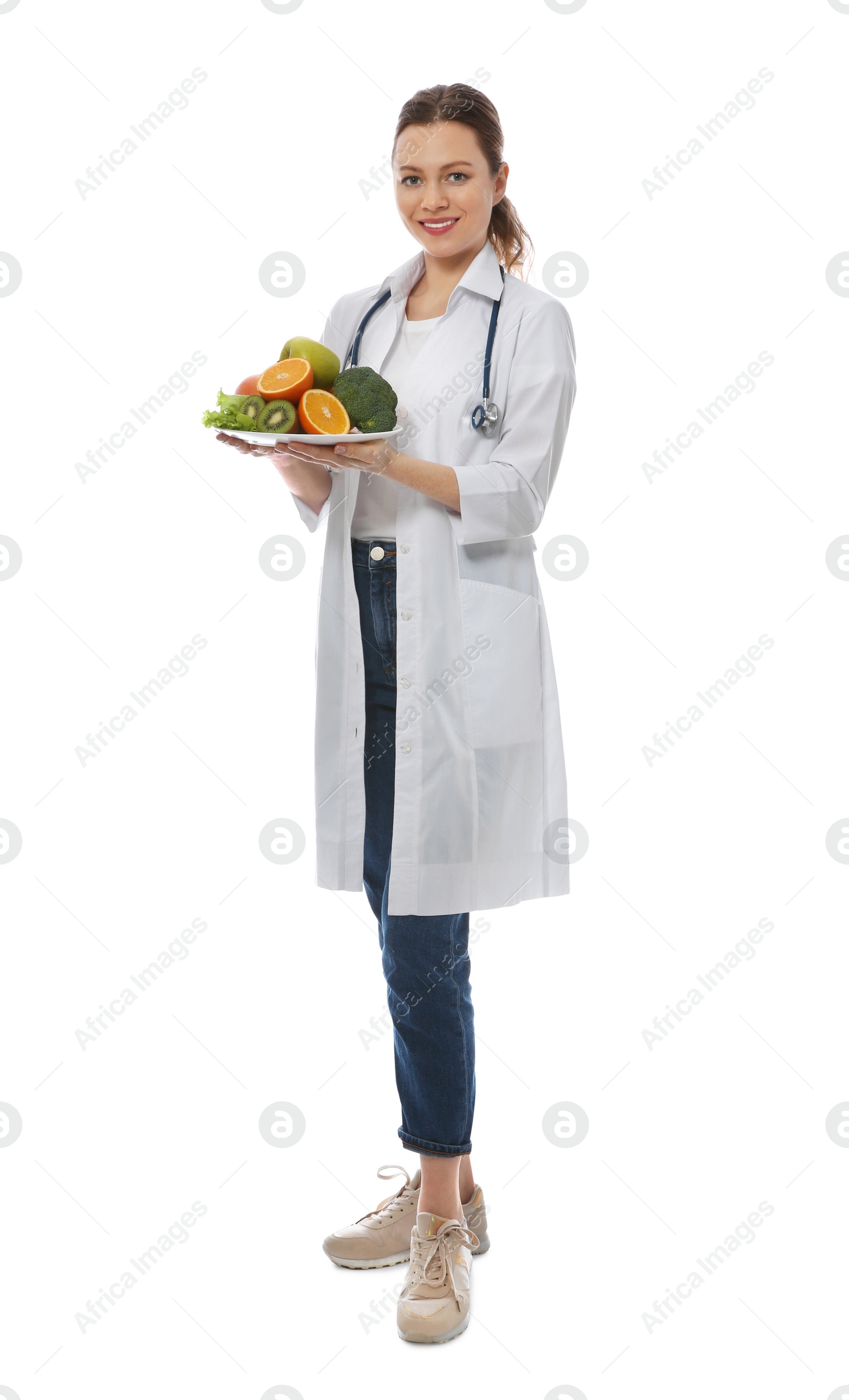 Photo of Nutritionist with fruits and vegetables on white background