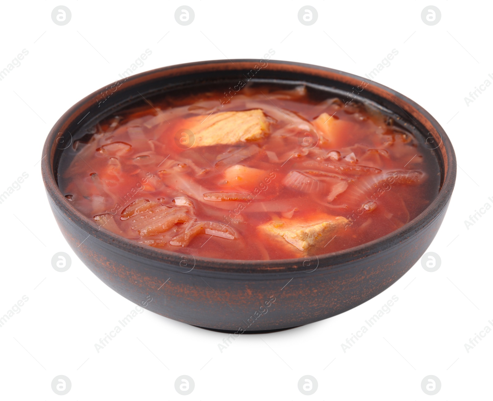 Photo of Bowl of delicious borscht isolated on white