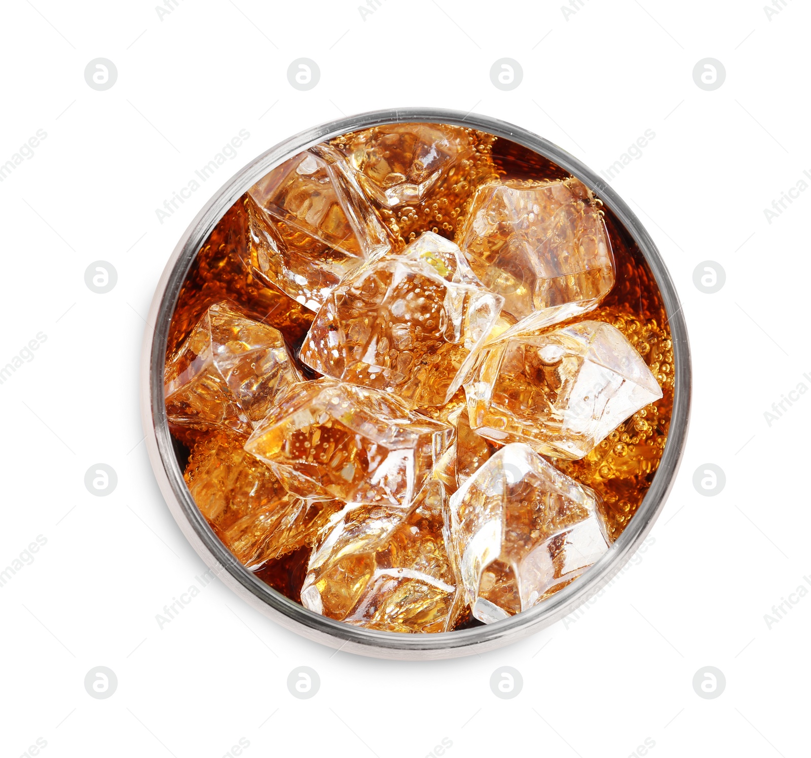Photo of Glass of refreshing soda drink with ice cubes isolated on white, top view